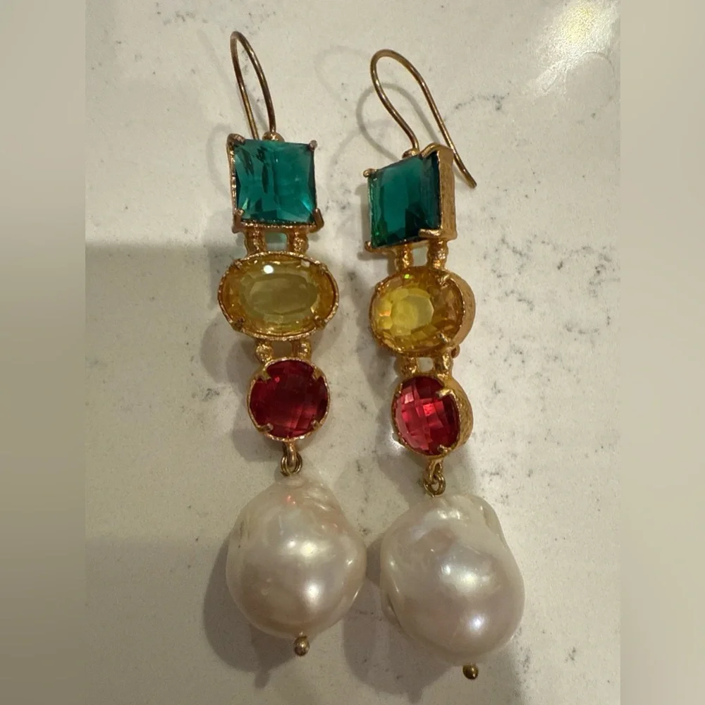 Clara Nicolaides Multicolor Gem Earrings Baroque Pearl Drop Gold Designer - Picture 4 of 5